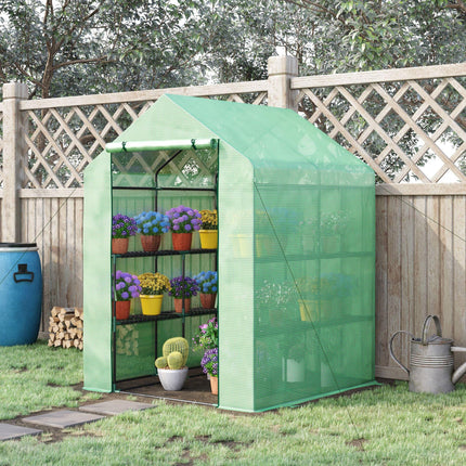 Lean to Polytunnel Greenhouse with Shelves and Removable Cover 143x138x190cm - Green