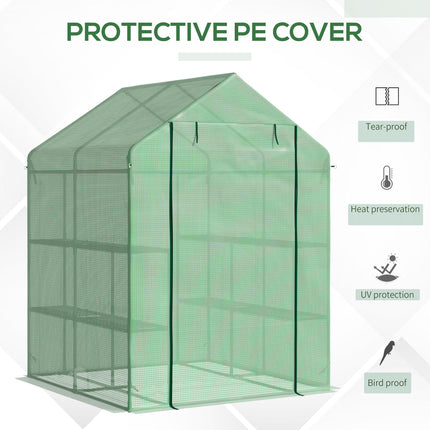 Lean to Polytunnel Greenhouse with Shelves and Removable Cover 143x138x190cm - Green