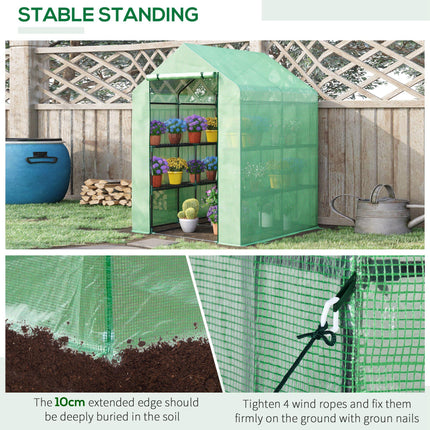 Lean to Polytunnel Greenhouse with Shelves and Removable Cover 143x138x190cm - Green