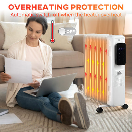 2000W Oil Filled Radiator, 9 Fin Portable Electric Heater with LED Display, 24H