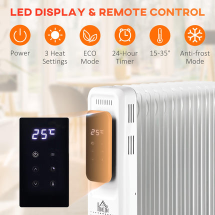 2000W Oil Filled Radiator, 9 Fin Portable Electric Heater with LED Display, 24H