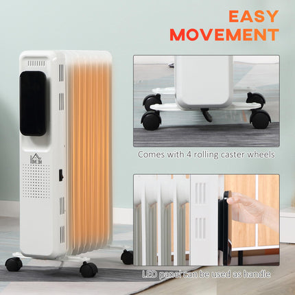 2000W Oil Filled Radiator, 9 Fin Portable Electric Heater with LED Display, 24H