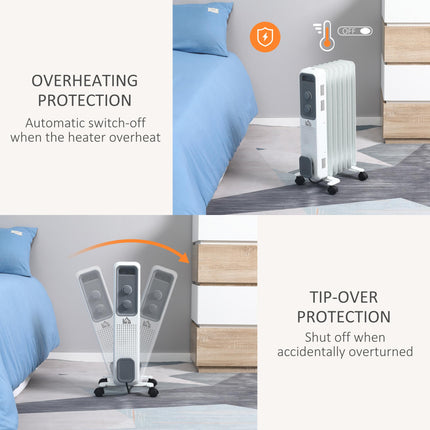 1500W Oil Filled Radiator, Portable Electric Heater with 3 Heat Settings, Safety
