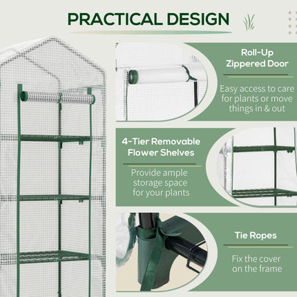4 Tier Portable Mini Greenhouse with Steel Frame and UV Protection Cover - White