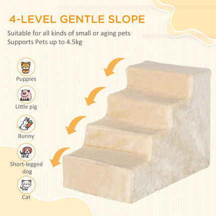 4-Step Dog Stairs with Washable Plush Cover for Small Dogs and Cats - Beige
