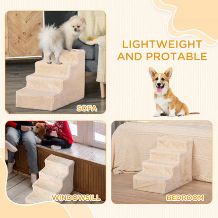 4-Step Dog Stairs with Washable Plush Cover for Small Dogs and Cats - Beige
