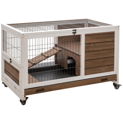 Wooden Indoor Rabbit Hutch with Enclosed Run - Brown