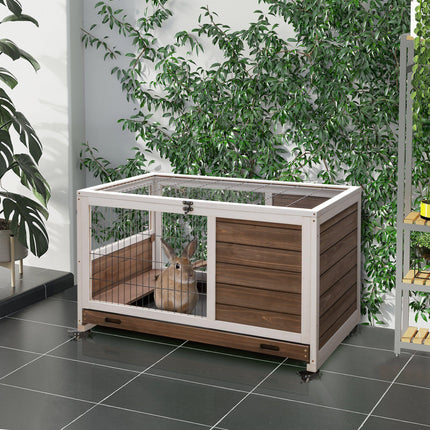 Wooden Indoor Rabbit Hutch with Enclosed Run - Brown
