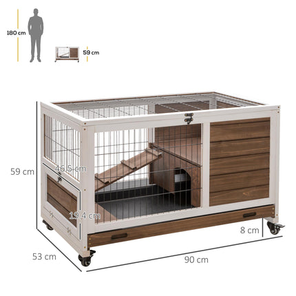 Wooden Indoor Rabbit Hutch with Enclosed Run - Brown