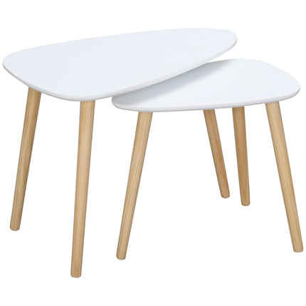 Modern Triangular Nest Side Table Set of 2 with Solid Wood Legs - White
