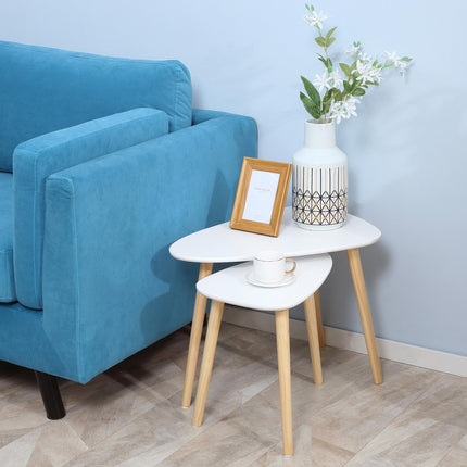 Modern Triangular Nest Side Table Set of 2 with Solid Wood Legs - White