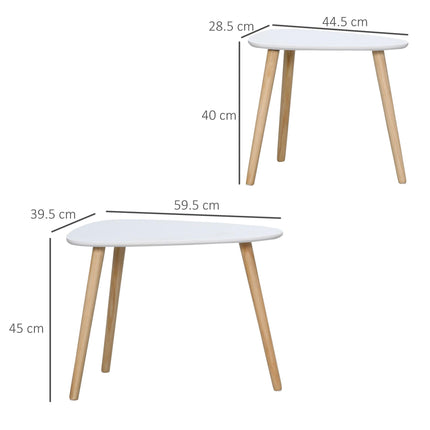 Modern Triangular Nest Side Table Set of 2 with Solid Wood Legs - White