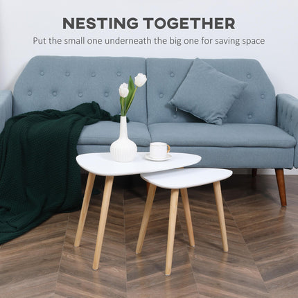 Modern Triangular Nest Side Table Set of 2 with Solid Wood Legs - White