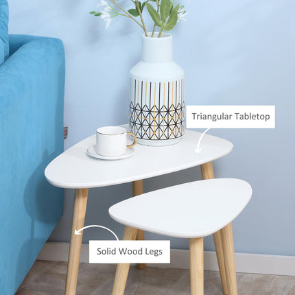 Modern Triangular Nest Side Table Set of 2 with Solid Wood Legs - White