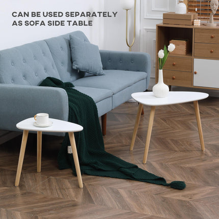 Modern Triangular Nest Side Table Set of 2 with Solid Wood Legs - White
