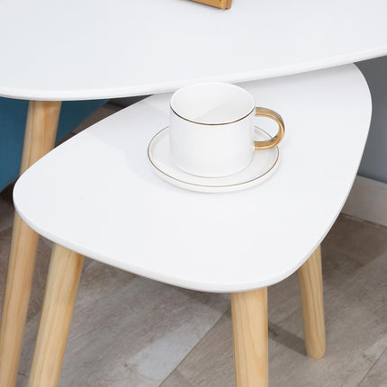 Modern Triangular Nest Side Table Set of 2 with Solid Wood Legs - White