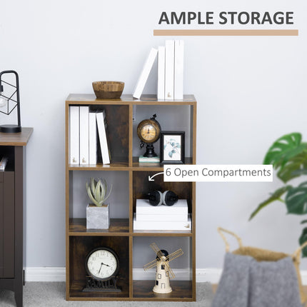 Industrial Style 6-Compartment Storage Shelf Bookcase Freestanding - Rustic Brown