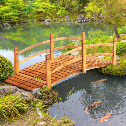 6FT Wooden Garden Bridge with Safety Railings, Classic Arc Footbridge for Stream
