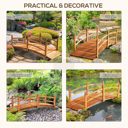 6FT Wooden Garden Bridge with Safety Railings, Classic Arc Footbridge for Stream