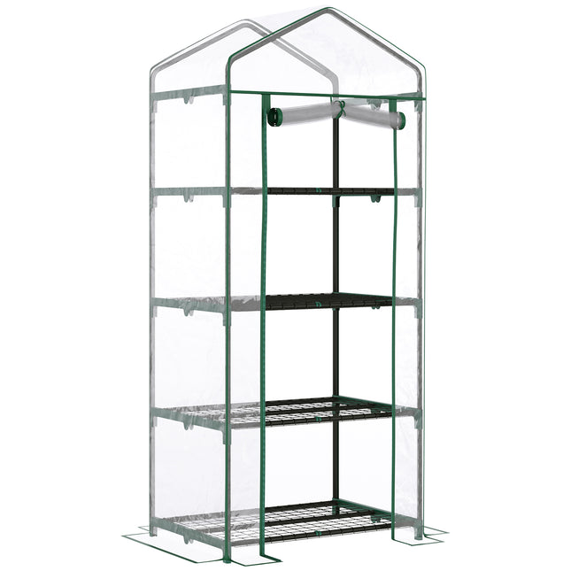 4 Tier Portable Metal Frame Greenhouse with Clear PVC Cover - Green