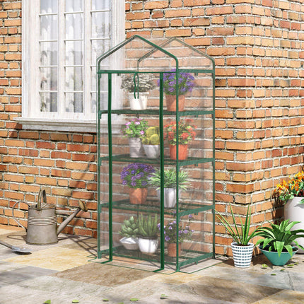 4 Tier Portable Metal Frame Greenhouse with Clear PVC Cover - Green