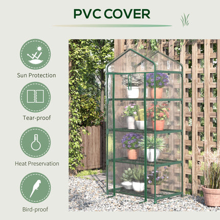 4 Tier Portable Metal Frame Greenhouse with Clear PVC Cover - Green