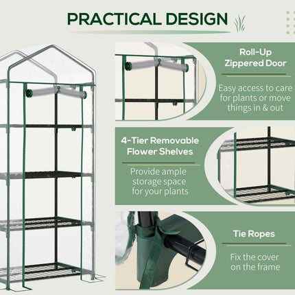 4 Tier Portable Metal Frame Greenhouse with Clear PVC Cover - Green