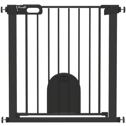 Pet Safety Gate Barrier 75-82 cm Pressure Fit with Small Door, Auto Close & Double Locking for Doorways and Hallways - Black