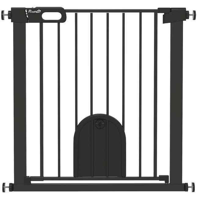 Pet Safety Gate Barrier 75-82 cm Pressure Fit with Small Door, Auto Close & Double Locking for Doorways and Hallways - Black