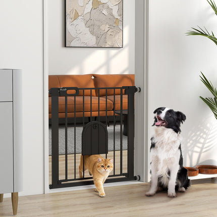 Pet Safety Gate Barrier 75-82 cm Pressure Fit with Small Door, Auto Close & Double Locking for Doorways and Hallways - Black