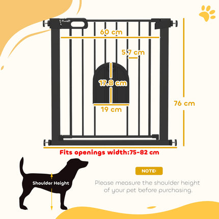 Pet Safety Gate Barrier 75-82 cm Pressure Fit with Small Door, Auto Close & Double Locking for Doorways and Hallways - Black