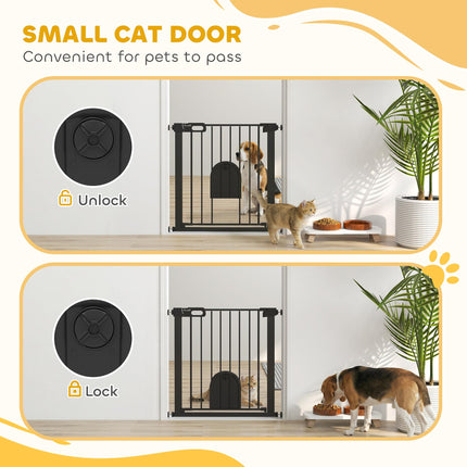 Pet Safety Gate Barrier 75-82 cm Pressure Fit with Small Door, Auto Close & Double Locking for Doorways and Hallways - Black