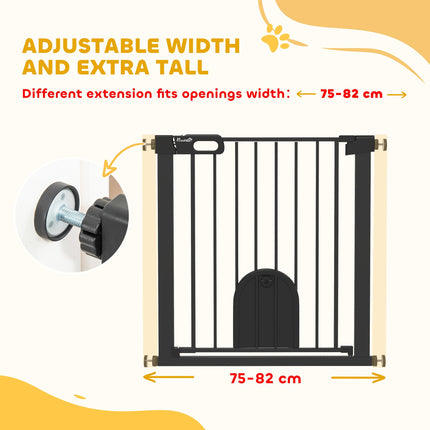 Pet Safety Gate Barrier 75-82 cm Pressure Fit with Small Door, Auto Close & Double Locking for Doorways and Hallways - Black