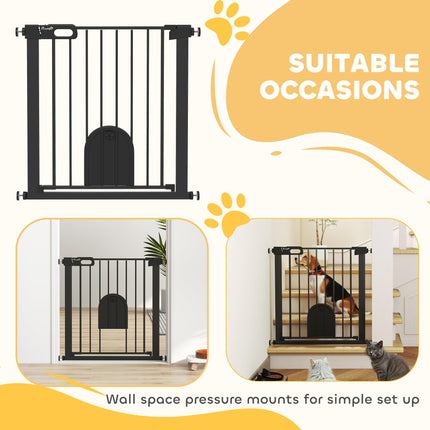 Pet Safety Gate Barrier 75-82 cm Pressure Fit with Small Door, Auto Close & Double Locking for Doorways and Hallways - Black