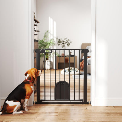 Pet Safety Gate Barrier 75-82 cm Pressure Fit with Small Door, Auto Close & Double Locking for Doorways and Hallways - Black