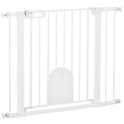 Dog Gate with Cat Flap, Pressure Fit Safety Barrier 75-103 cm, Auto Close, Double Locking - White