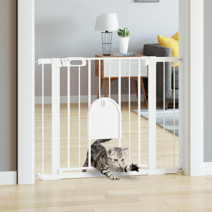 Dog Gate with Cat Flap, Pressure Fit Safety Barrier 75-103 cm, Auto Close, Double Locking - White
