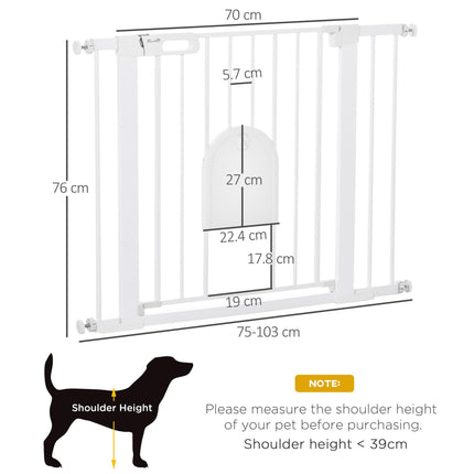 Dog Gate with Cat Flap, Pressure Fit Safety Barrier 75-103 cm, Auto Close, Double Locking - White