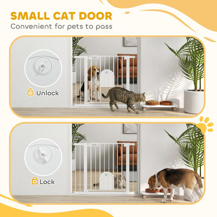 Dog Gate with Cat Flap, Pressure Fit Safety Barrier 75-103 cm, Auto Close, Double Locking - White