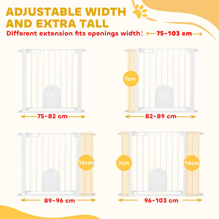 Dog Gate with Cat Flap, Pressure Fit Safety Barrier 75-103 cm, Auto Close, Double Locking - White
