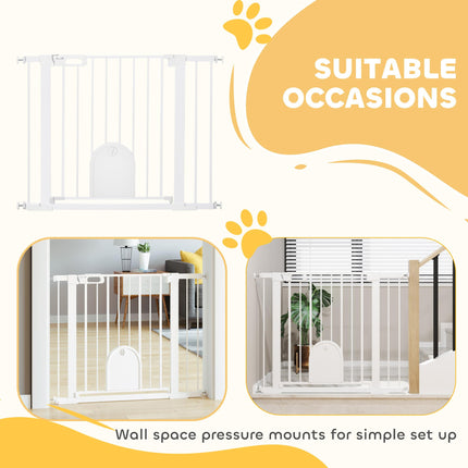 Dog Gate with Cat Flap, Pressure Fit Safety Barrier 75-103 cm, Auto Close, Double Locking - White