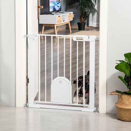Dog Gate with Cat Flap, Pressure Fit Safety Barrier 75-103 cm, Auto Close, Double Locking - White