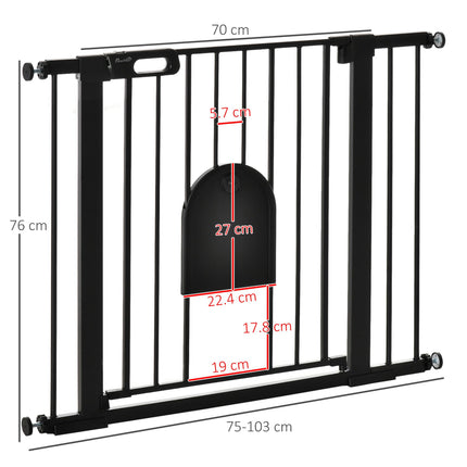 Extra Wide 75-103 cm Pressure Fit Pet Safety Gate with Small Door, Auto Close & Double Locking - Black