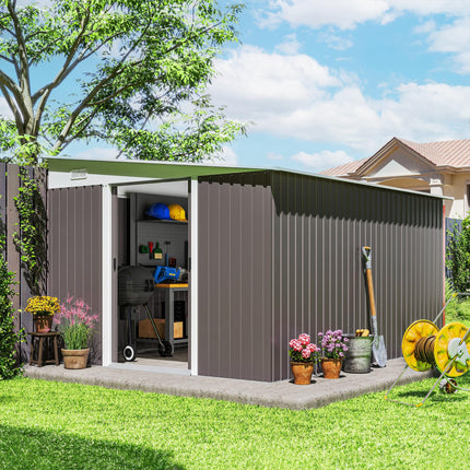 11.3 x 9.2 Ft Metal Garden Storage Shed with Sloped Roof - Grey