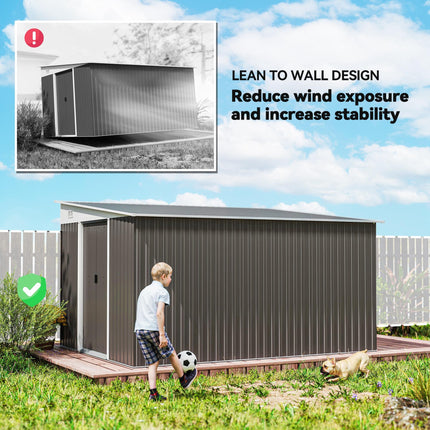11.3 x 9.2 Ft Metal Garden Storage Shed with Sloped Roof - Grey