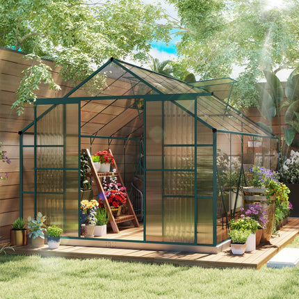 8 x 12ft Aluminium Frame Walk-In Greenhouse Kit with Clear Polycarbonate Panels - Green