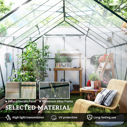 8 x 12ft Aluminium Frame Walk-In Greenhouse Kit with Clear Polycarbonate Panels - Green