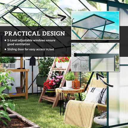 8 x 12ft Aluminium Frame Walk-In Greenhouse Kit with Clear Polycarbonate Panels - Green