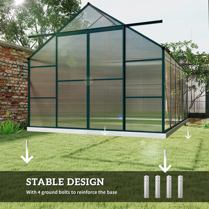 8 x 12ft Aluminium Frame Walk-In Greenhouse Kit with Clear Polycarbonate Panels - Green
