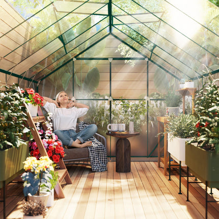8 x 12ft Aluminium Frame Walk-In Greenhouse Kit with Clear Polycarbonate Panels - Green